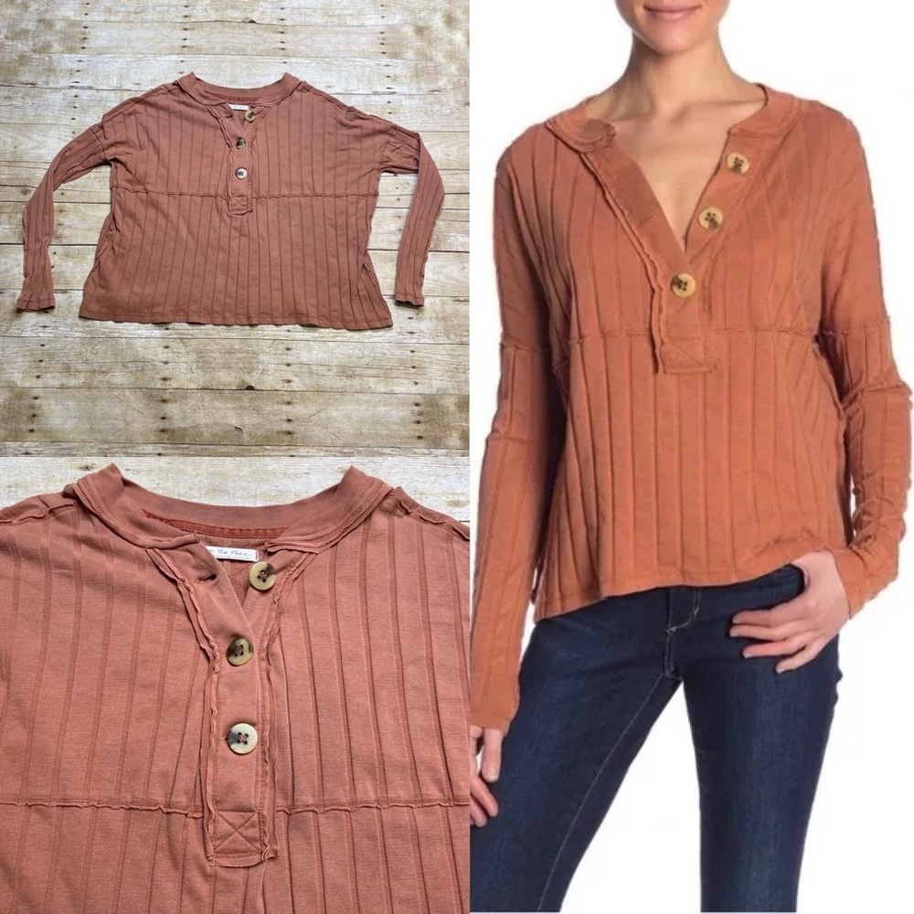 Free People In The Mix Henley Top Large Rib Rust Brown